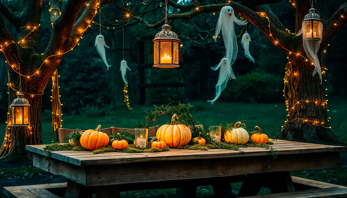 Spooky Halloween Lights Outdoor Setup Featuring Glowing Lanterns, Pumpkins, And Hanging Ghost Decorations