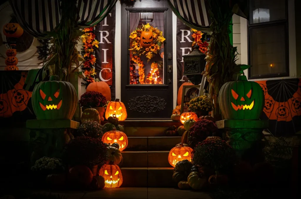 Front Porch Steps Illuminated By Multiple Lighted Pumpkins And Eerie Green Lighting